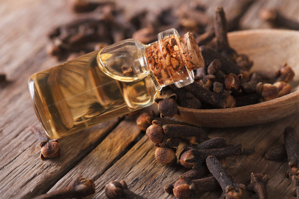 A glass bottle with a cork top lays on it's side on a wooden table surrounded by clovebuds