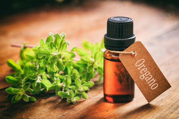 An amber-colored bottle sits on a wooden table with a cardboard tag hanging on it which reads 'Oregano' and Oregano leaves next to it